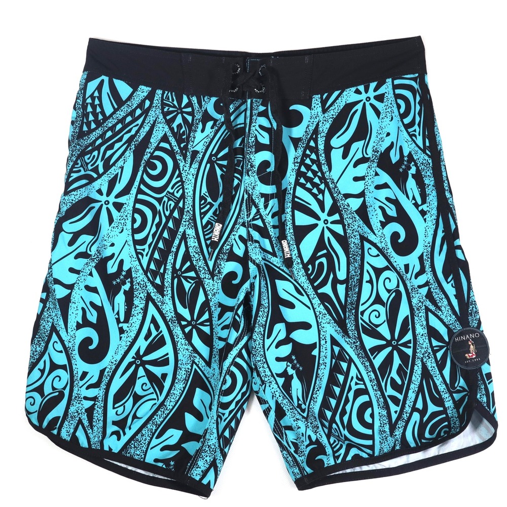 Hinano Tahiti Board Shorts Mens 32 Turquoise Black Tribal Print Stretch Surfing